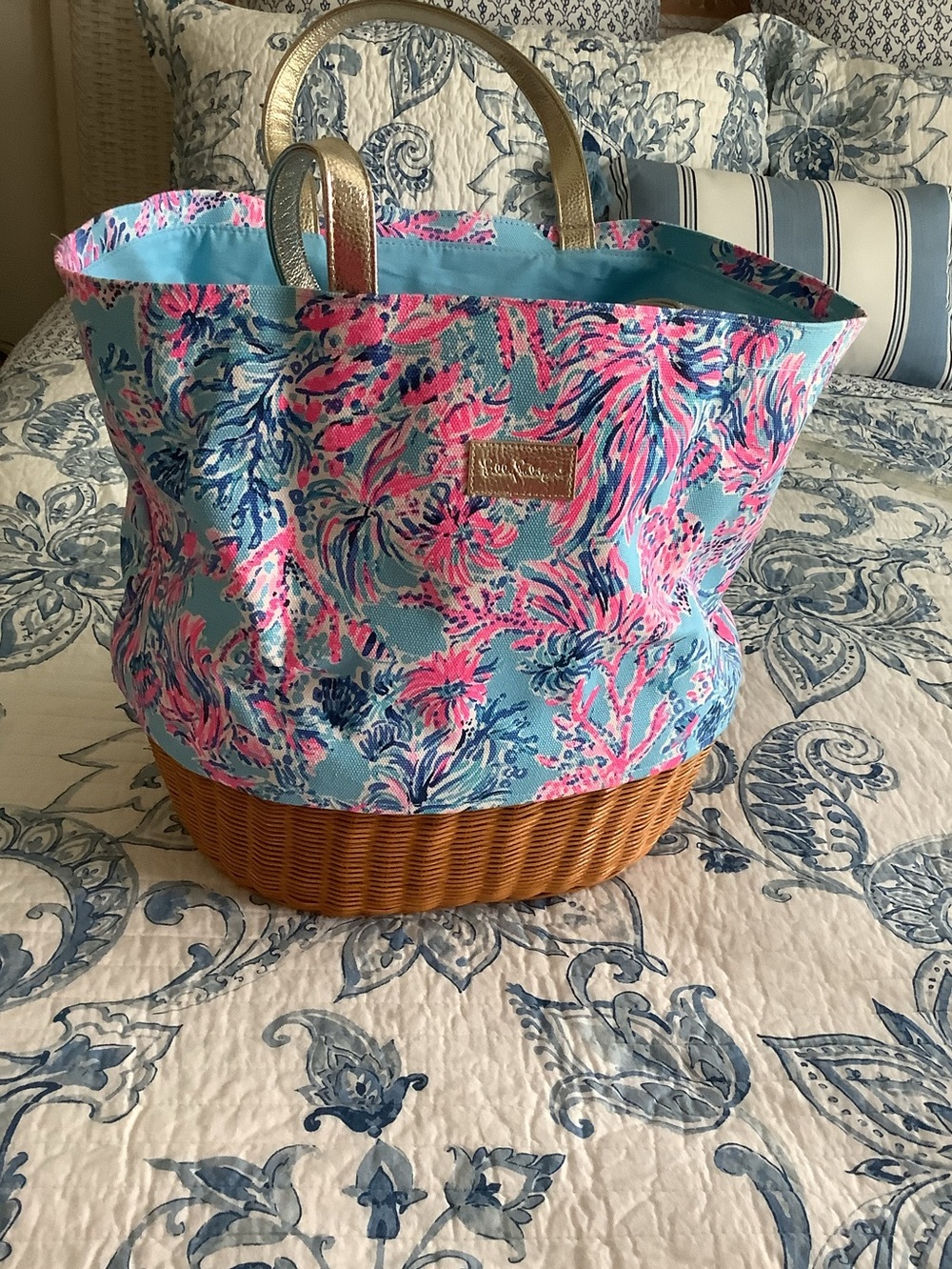 Lilly Pulitzer SEEK AND SEA Wicker Tote Bag Natural Rattan Canvas NWOT